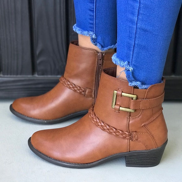 Cognac Western Flair Braid Buckle Boho Ankle Boots - Picture 2 of 7